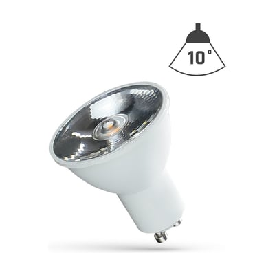 SpectrumLED GU10 LED-spot på 6 W med koldt lys på 6000 K, vist skråt forfra med symbol for 10° lysvinkel.