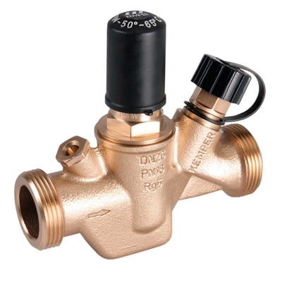 Kemper MULTI-THERM strengreguleringsventil i blyfri rødgods, DN25, 1 1/4" med temperaturindstilling 50-65°C.