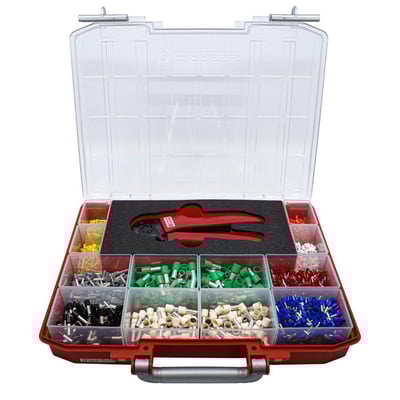 Elpress sortimentskasse RPL1800-PEB0116H med 1800 terminalrør (0,5-16 mm²), rødt presseværktøj og afisoleringsværktøj i en åben, rød kasse.