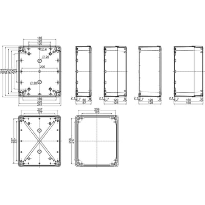 Tekniske tegninger af Schneider Electric Thalassa TBP kasse med gråt låg, mål 275x225x120 mm, viser dimensioner og detaljer i flere vinkler.