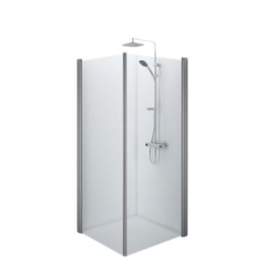 Contura Shower Space lige dør med mat profil og klart glas opstillet som en bruseniche med regnbruser.
