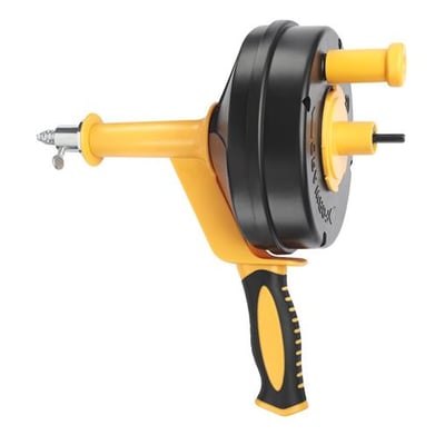 Ironside Power Spin afløbsrenser med 6 mm x 7,6 m spiral, sort kabelhus og gul-sort sidegreb.
