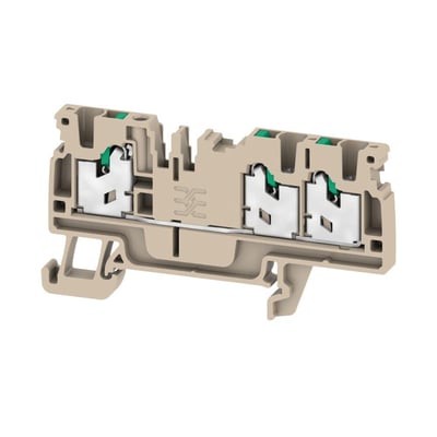 Detaljeret vinkel af Weidmüller AS3C 2.5 gennemgangsklemme i beige, der viser Snap-in mekanisme og 3 tilslutninger for 2,5mm² ledere.