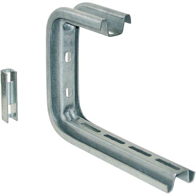 Elforzinket loftkonsol til gitterbakker, 100mm bred, med dimensioner 196mm høj og 153mm bred. Inkluderer en separat monteringsklemme.