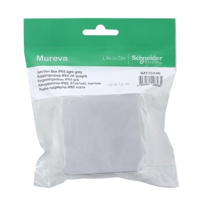 Schneider Electric Mureva IP65 forgreningsdåse i lysegrå, pakket i gennemsigtig plastemballage med produktinformation.