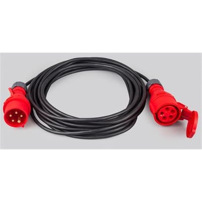CEE-kabelsæt med sort 10 meter kabel og røde 5-polede stikpropper til 16 A.