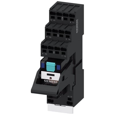 Siemens SIRIUS LZS stikbensrelæ med 2CO kontakter, 24V DC spole, rød LED og push-in klemmer, vist fra siden.