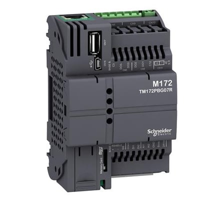 Schneider Electric M172 performance controller med 7 I/O relæudgange, USB og Ethernet-porte, samt RS485 og CAN-porte.