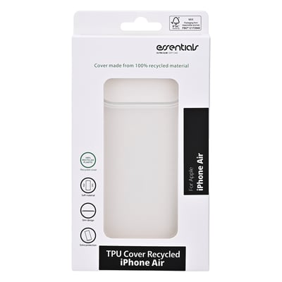Emballagen til Essentials transparent TPU-cover til iPhone Air set forfra med coveret synligt gennem vinduet.