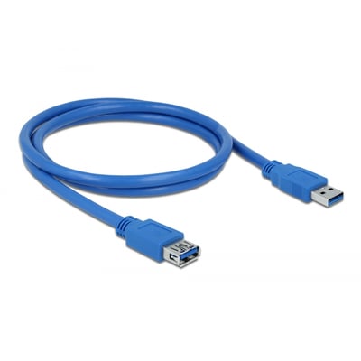 Blåt DeLock USB 3.0 Type-A-forlængerkabel med USB-A-stik og USB-A-bøsning, rullet sammen.