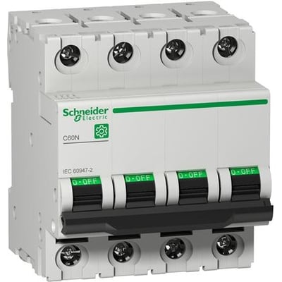 Schneider Electric C60N 4-polet automatsikring med C-kurve, 63 A og 10 kA, set forfra med grøn markering.