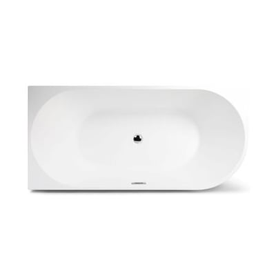 Top view af et mat hvidt Back To Wall badekar i akryl, 1700 mm, med krom pop-up bundventil og overløb.