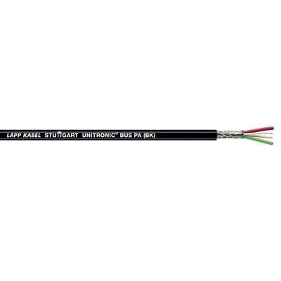 Lapp UNITRONIC BUS PA 1x2x1.3 BK kabel med sort yderkappe og afskærmning, viser røde, hvide og grønne ledere indeni.