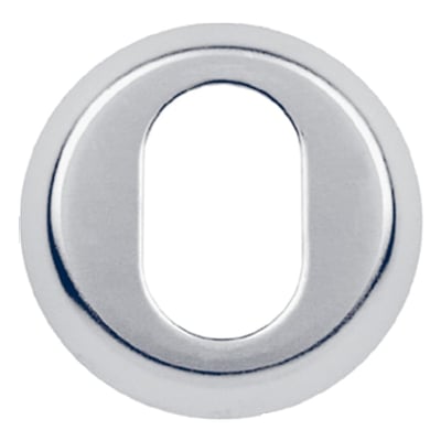 Blankforkromet ASSA ABLOY dækplade, model 181141, til kasselås med rundt ydre og aflang åbning, set forfra.