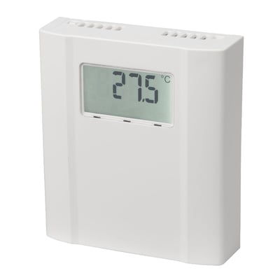 Carlo Gavazzi SHSUCOTHD rumføler med display til CO2, temperatur og fugt, vist forfra med temperaturmåling.
