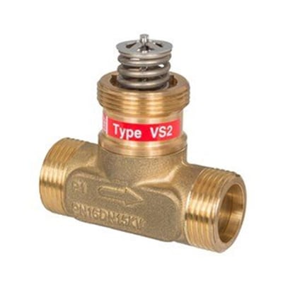 Detaljebillede af Danfoss VS2-20 ventilens indre mekaniske dele, med synlig fjeder og spindel.
