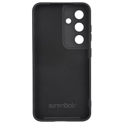 Bagside af et sort Samsung Galaxy S24 FE silikonecover, med udskæring til kameraet og diskret 'essentials' logo.