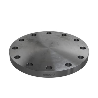 Indura blindflange, 360 mm diameter, med 12 bolthuller og PN25 trykklasse, med synligt Indura logo i gråtoner.