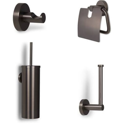 Et komplet toiletsæt i gun metal finish, der viser en håndklædekrog, toiletrulleholder, toiletbørste med holder og reservepapirholder, præsenteret på en hvid baggrund.