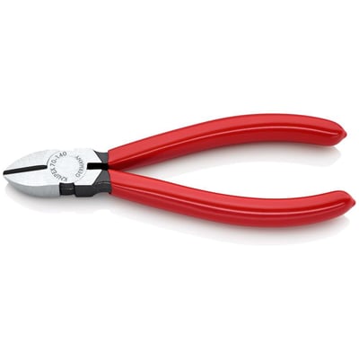Nærbillede af Knipex sidebidetang 7001 med 140mm længde, viser det dyppede røde greb og præcisionsskærene.