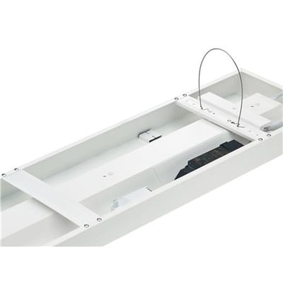 Philips CoreLine SM136V G4 påbygningsarmatur set indefra med hvidt stålkabinet og elektriske komponenter.