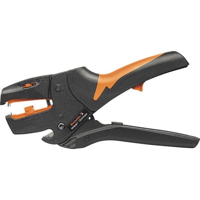 Detaljeret billede af Weidmüller Stripax Ultimate XL afisoleringstang med orange og sorte håndtag, viser justeringsmekanisme.