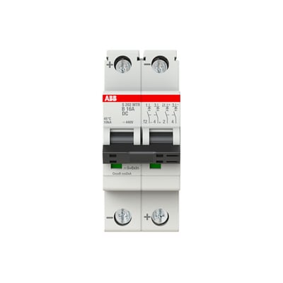 ABB S202MTR-B16 DC automatsikring med to poler og B-karakteristik, set forfra med rødt ABB-mærke.