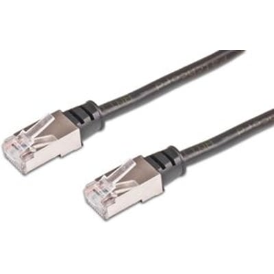 UV-bestandigt patchkabel F/UTP Kat.6, 15 meter, LSOH sort, med to RJ45-stik på en hvid baggrund.