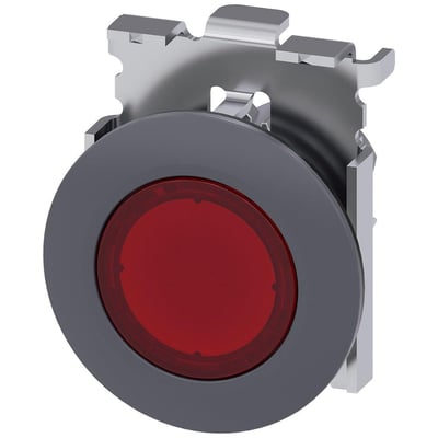 Siemens SIRIUS ACT oplyst trykknap, 30mm, rund, med mat metal og rød frontring til plan installation.