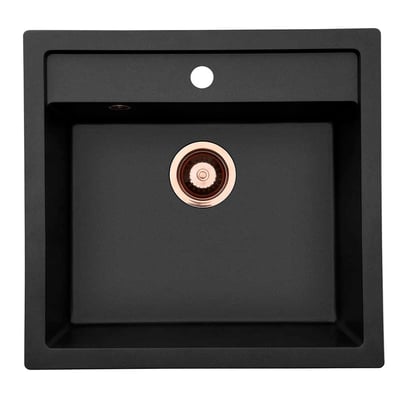 Lavabo Jupiter 60 køkkenvask i sort kompositmateriale, vist ovenfra med en enkelt kumme og kobberfarvet afløb.