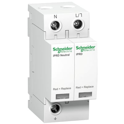 Schneider Electric overspændingsafleder A9 iPRD 20 1PN 350V, med N og L/N mærkninger samt "Red = Replace" indikatorer.