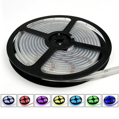 10 meter RGB Dotless COB-LED-strip med 576 LED pr. meter, rullet på spole; farvefelter viser forskellige lysfarver.