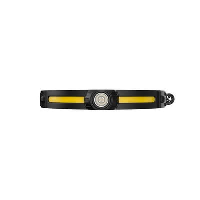 Ironside genopladelig pandelampe med gul LED-stribe og rund lampe i midten, set lige forfra.