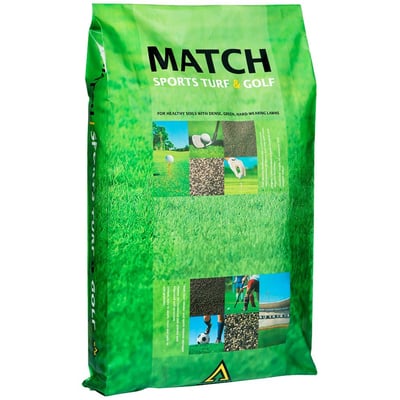 Memon Match Sport 5-1-7 gødning i 20 kg sæk med billeder af golf og fodboldbaner samt gødningskugler.