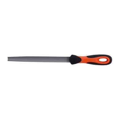 Detaljebillede af Bahco halvrundfil 150mm, viser den spidse form og det ergonomiske håndtag med orange detalje.