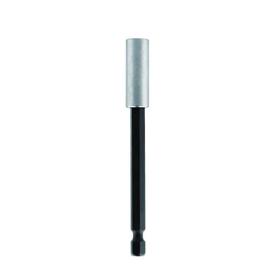 Ironside bitsholder til 1/4" bits, 100 mm lang, med magnet og holdering, vist lodret med sekskantet skaft.