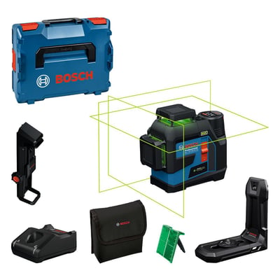 Bosch GLL 12V-100-33 CG Professional linjelaser med medfølgende tilbehør, herunder L-BOXX, batteri og holder.