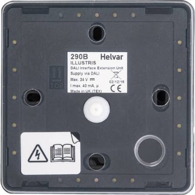 Bagside af Helvar Illustris DALI Interface 290B, med detaljeret mærkning og monteringshuller.