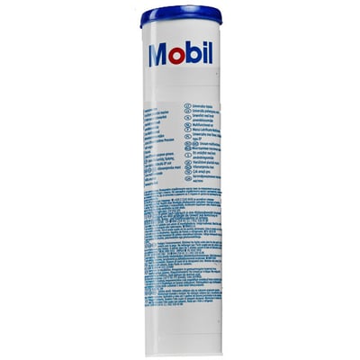 Mobil Mobilith SHC 100 smørefedt på 0,38 kg i en hvid beholder med blå top, vist med informationstekst på flere sprog.