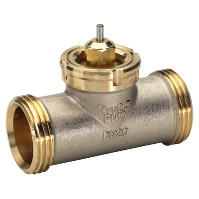 Danfoss ventilhus VMT 20/8 i messing, viser udvendig gevind og mærkning for Kvs 2,3 og DN20.
