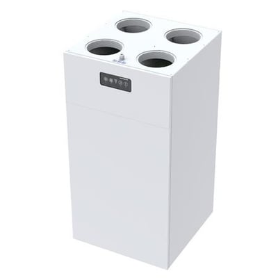 Dantherm HCV460 P2 ventilationsanlæg til vægmontering, hvid model med fire cirkulære luftudtag og betjeningspanel på fronten.