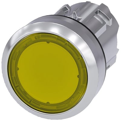 Siemens 22mm rund trykknap i skinnende gul metal med låsefunktion, vist på hvid baggrund.