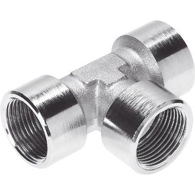 Festo T-forskruning NPFC-T-3G14-F i messing og forniklet design. Den er beregnet til trykluft og har gevind i alle tre udgange.
