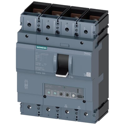 Siemens 3VA2 maksimalafbryder, 4-polet, 630A og 55kA brydeevne, set forfra med betjeningshåndtag og ETU350 beskyttelsesenhed.