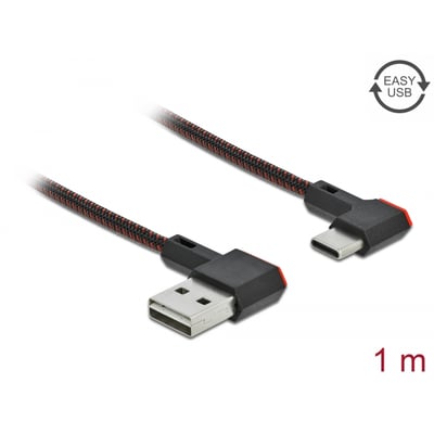 Delock Easy-USB 2.0 kabel, 1 meter, med vinklet venstre/højre USB-A og USB-C stik i sort og rød flettet beklædning.