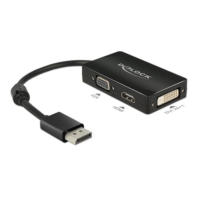 Sort DeLOCK DisplayPort-adapter med kort kabel og VGA-, HDMI- og DVI-udgange, vist med stik og tilslutninger.