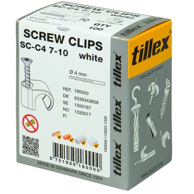 Pakke med 100 stk. Tillex skrue clips SC-C4 7-10 i hvid, viser produktinformation og Torx20 kærv.