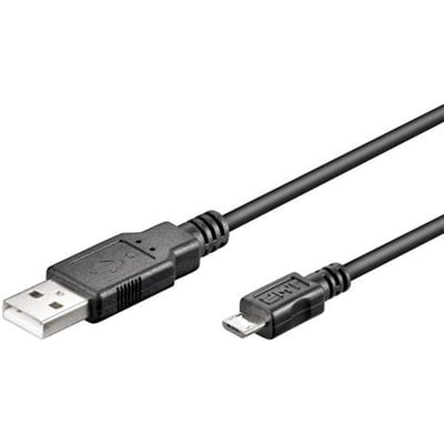 Sort 5 meter langt USB 2.0 kabel med USB-A stik i den ene ende og Micro USB-B stik i den anden.