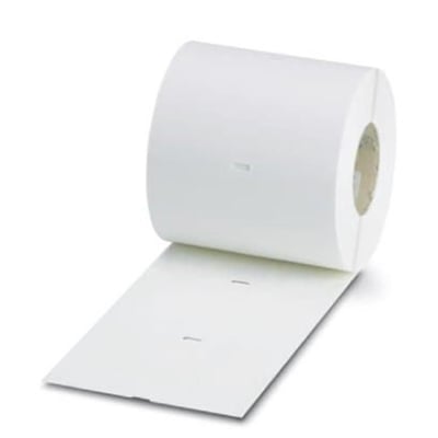 Nærbillede af en rulle med hvide Phoenix Contact WML 14 kabelmærkeetiketter, 25x19mm, klar til print.
