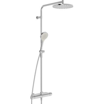 Oras Optima Style Rain brusesystem i stål med rund hovedbruser, håndbruser, slange og termostatarmatur.